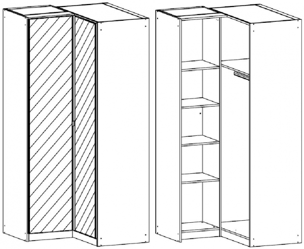 5062 : 2 Mirror Door Corner Wardrobe with Color Front and Vertical Trim with Carcase Color Short Handle