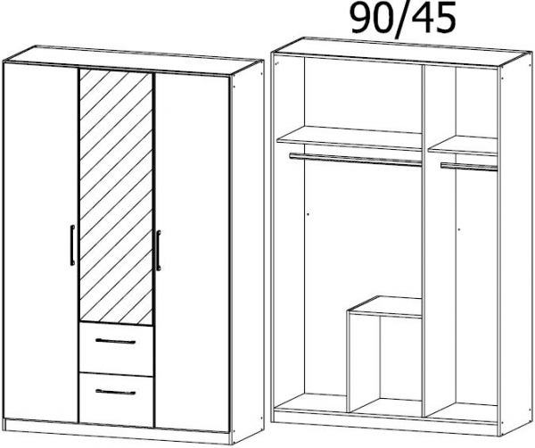 5705 : 3 Door 2 Drawer Combi Wardrobe with 1 Mirror Door and Color Front