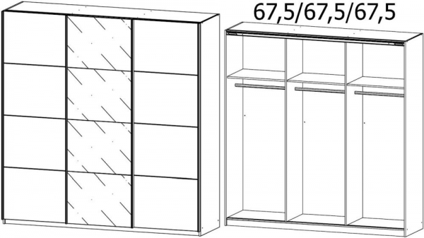 0J25 : 3 Door Sliding Wardrobe with 1 Glass Door and Aluminium Color Handle Strips