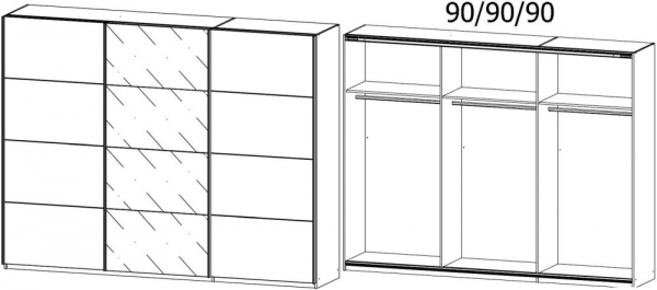 0X6G : 3 Door Sliding Wardrobe with 1 Glass Door and Carcase Color Handle Strips