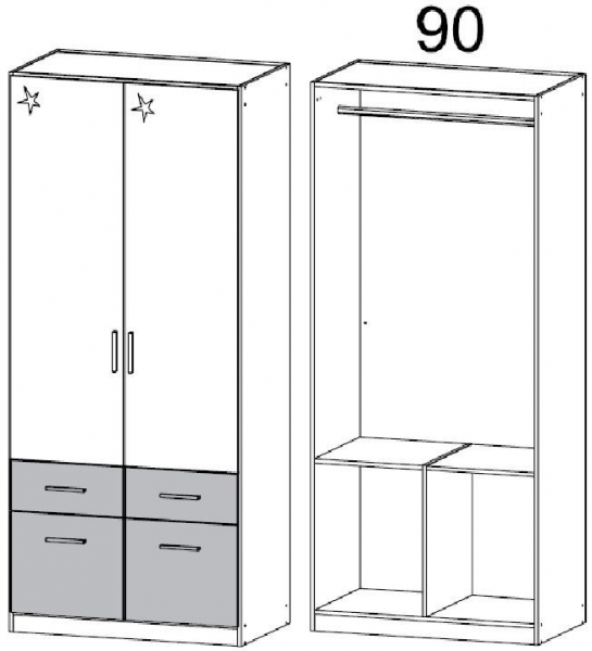 4954 : 2 High Polish Door 4 Carcase Color Drawer Combi Wardrobe