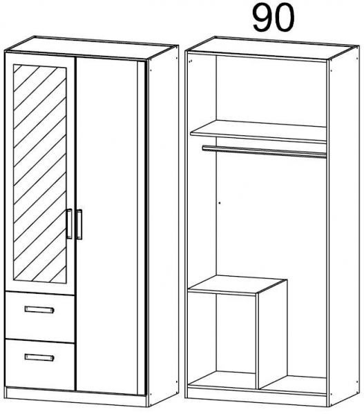0K40 : 2 Door 2 Left Drawer Combi Wardrobe with 1 Carcase Color Door and 1 Mirror Door with Cornice