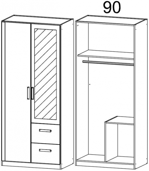 0K42 : 2 Door 2 Right Drawer Combi Wardrobe with 1 Carcase Color Door and 1 Mirror Door with Cornice