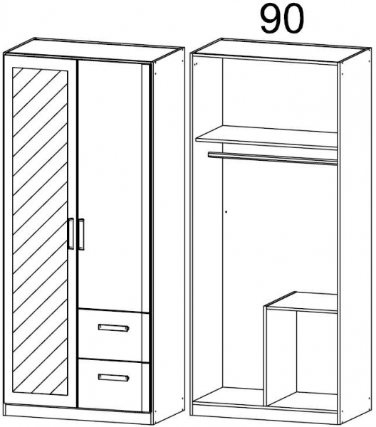0K44 : 2 Door 2 Right Drawer Combi Wardrobe with 1 Carcase Color Door and 1 Mirror Door with Cornice
