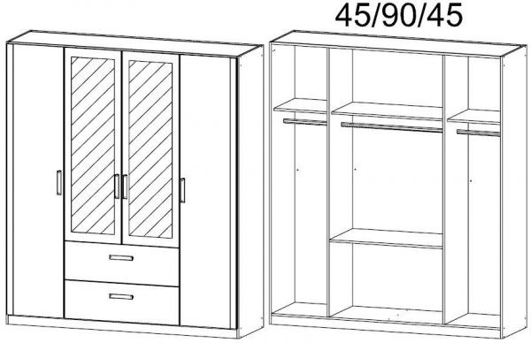 0K47 : 4 Door 2 Drawer Combi Wardrobe with 2 Carcase Color Door and 2 Mirror Door with Cornice