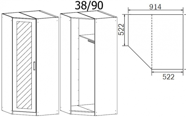 073E : 1 Mirror Door Corner Wardrobe with Cornice
