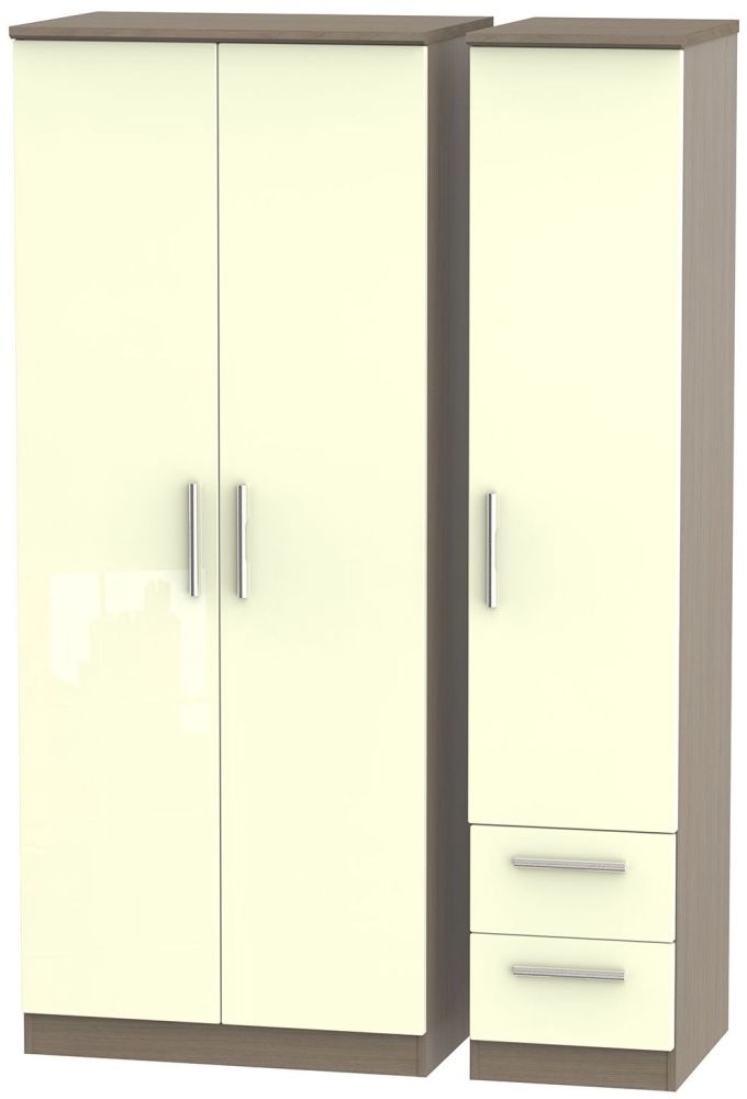 Knightsbridge 3 Door 2 Right Drawer Wardrobe - High Gloss Cream and Toronto Walnut