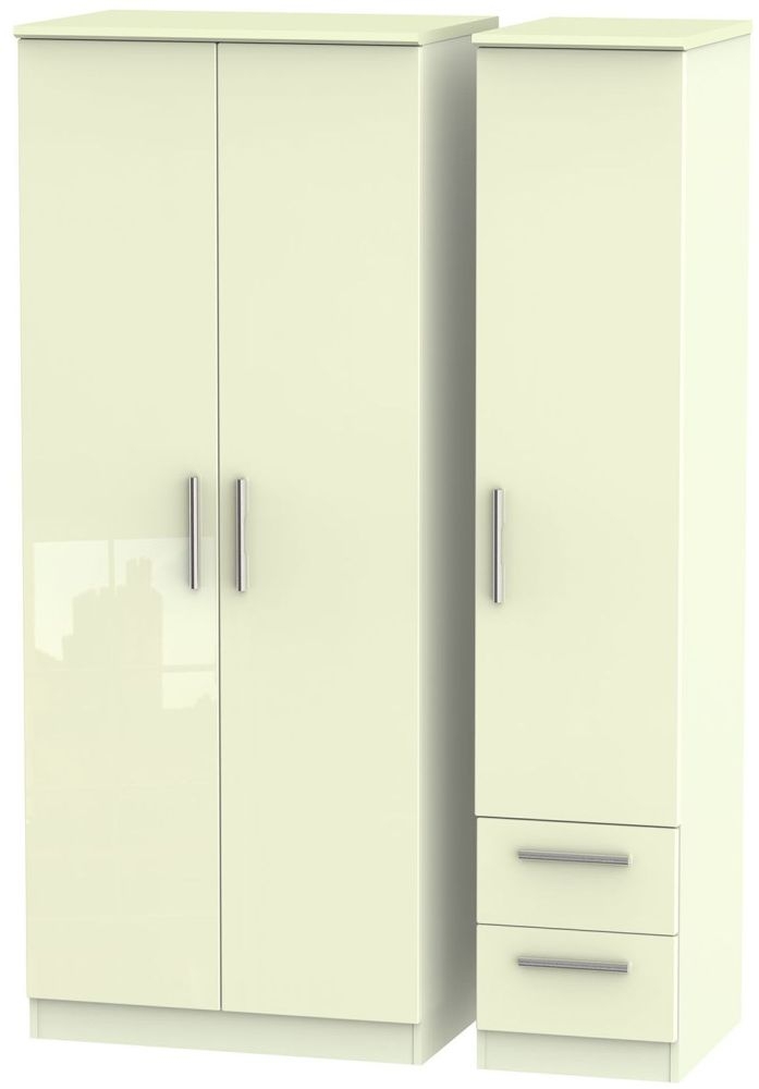Knightsbridge 3 Door 2 Right Drawer Wardrobe - High Gloss Cream