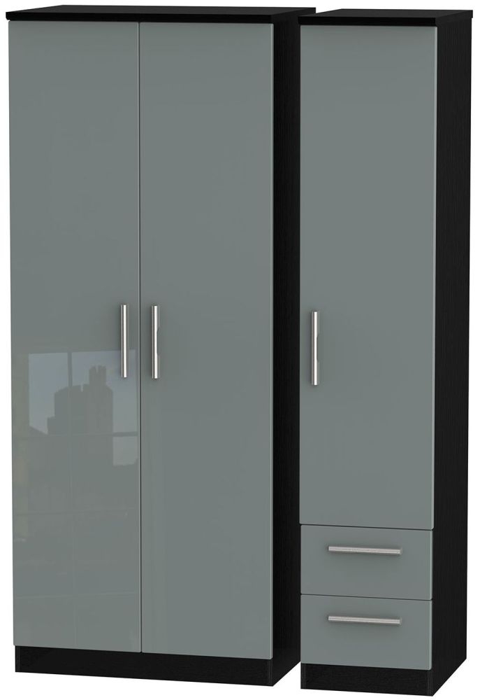 Knightsbridge 3 Door 2 Right Drawer Wardrobe - High Gloss Grey and Black