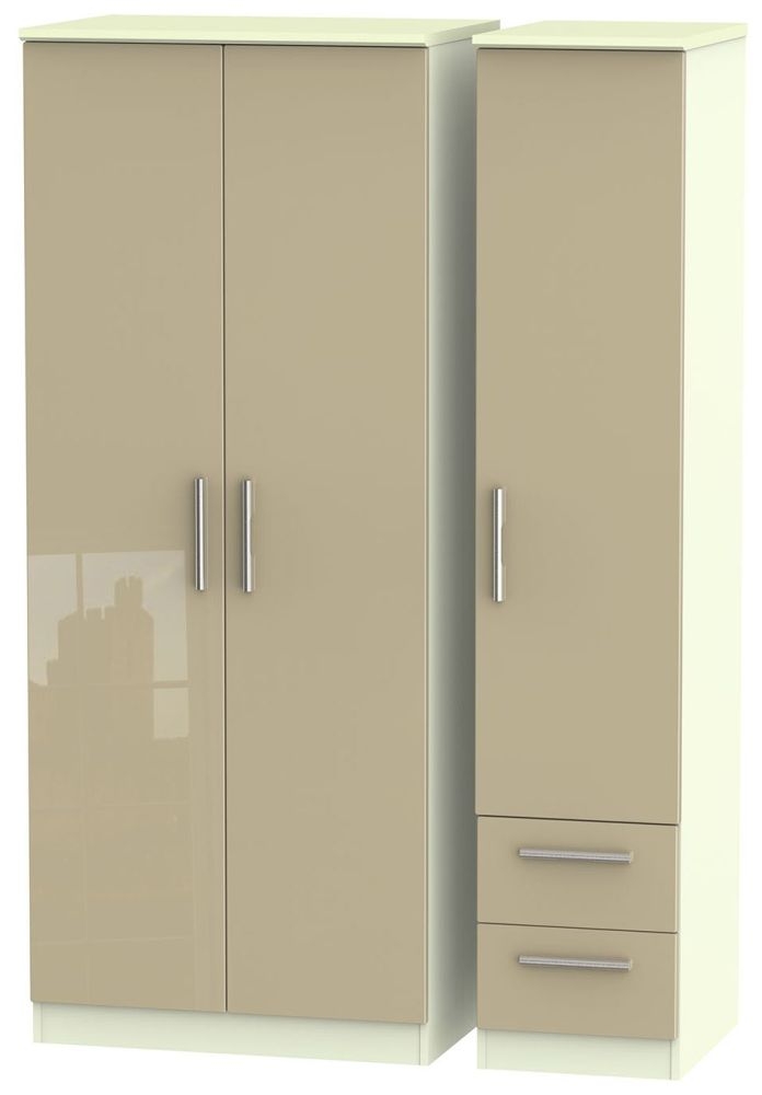 Knightsbridge 3 Door 2 Right Drawer Wardrobe - High Gloss Mushroom and Cream