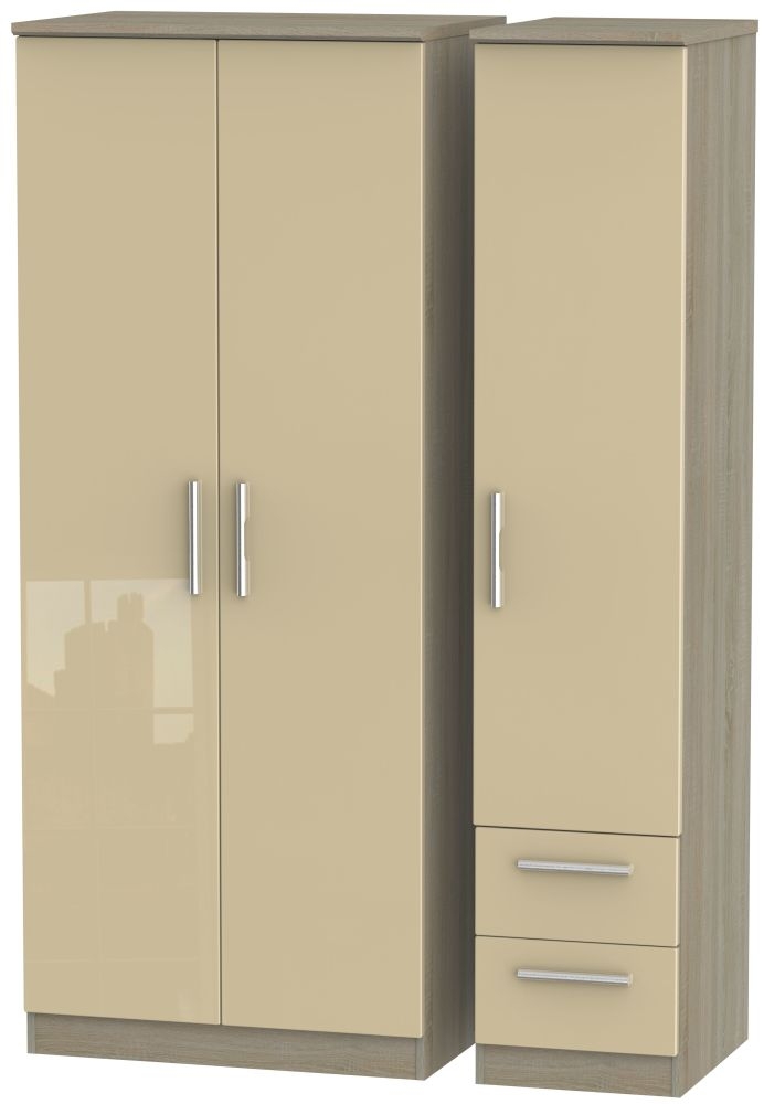 Knightsbridge 3 Door 2 Right Drawer Wardrobe - High Gloss Mushroom and Darkolino