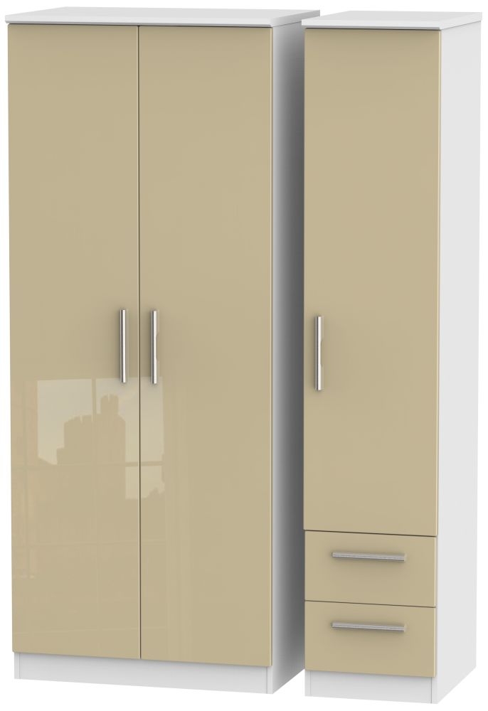 Knightsbridge 3 Door 2 Right Drawer Wardrobe - High Gloss Mushroom and White