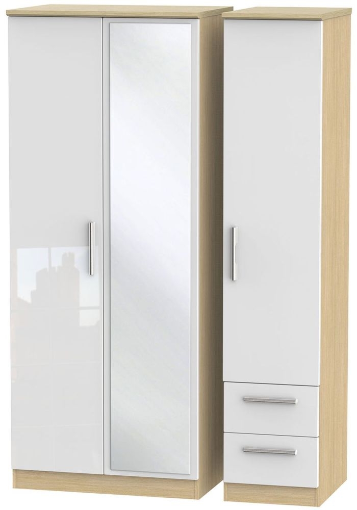 Knightsbridge 3 Door 2 Right Drawer Combi Wardrobe - High Gloss White and Light Oak