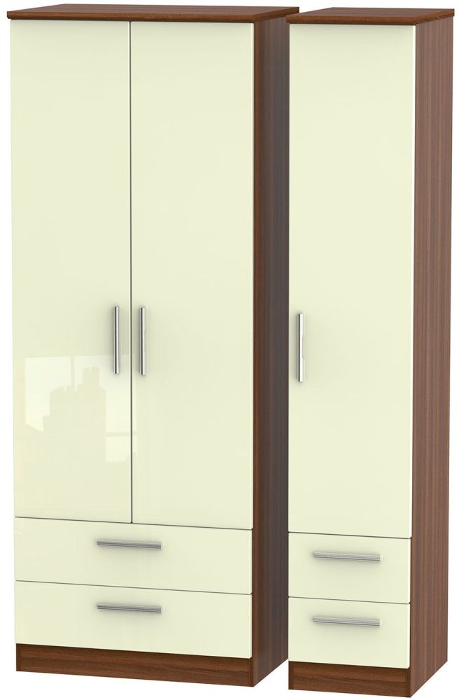 Knightsbridge 3 Door 4 Drawer Tall Wardrobe - High Gloss Cream and Noche Walnut