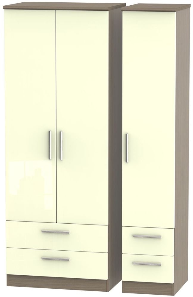 Knightsbridge 3 Door 4 Drawer Tall Wardrobe - High Gloss Cream and Toronto Walnut