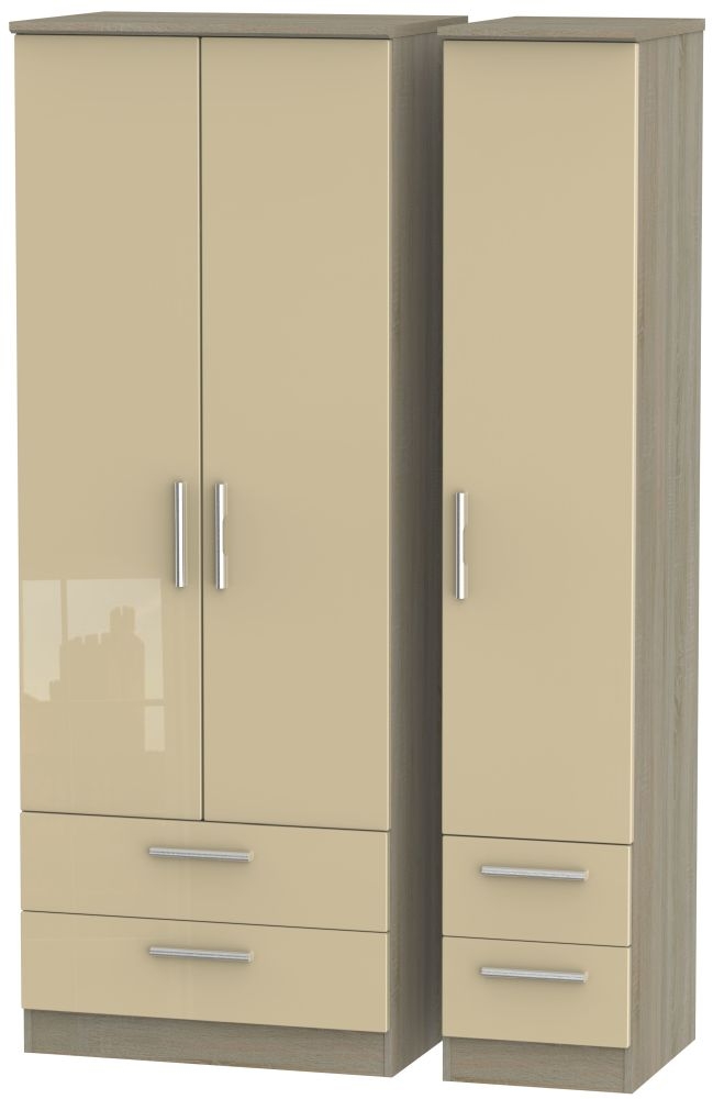 Knightsbridge 3 Door 4 Drawer Tall Wardrobe - High Gloss Mushroom and Darkolino