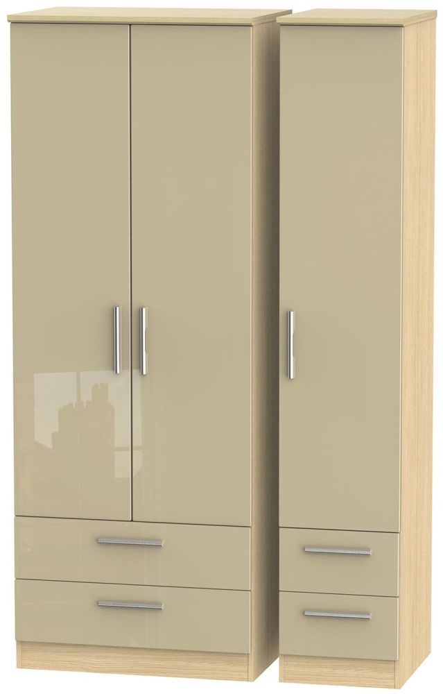 Knightsbridge 3 Door 4 Drawer Tall Wardrobe - High Gloss Mushroom and Light Oak
