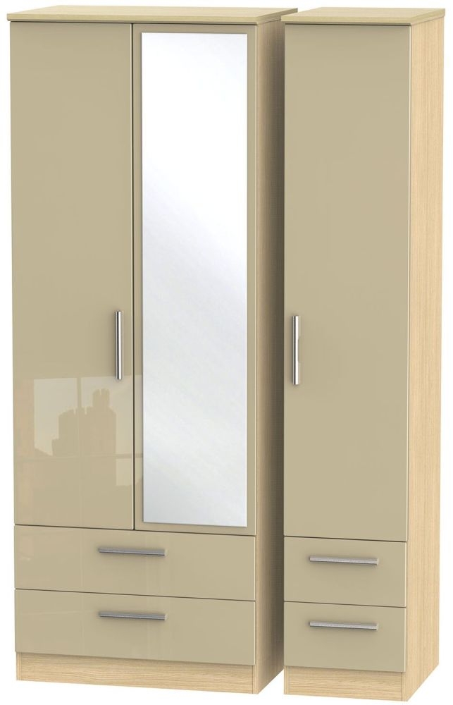 Knightsbridge 3 Door 4 Drawer Tall Combi Wardrobe - High Gloss Mushroom and Light Oak