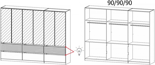 51W9 : 6 Mirror Door 6 Drawer Combi Wardrobe with Lighting - Decor Front