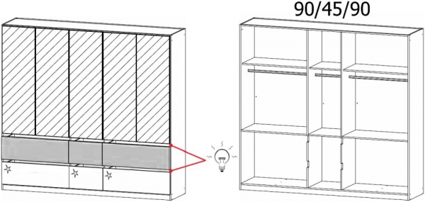 51Z3 : 5 Mirror Door 6 Drawer Combi Wardrobe - High Polish Front