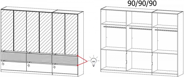 51Z6 : 6 Mirror Door 6 Drawer Combi Wardrobe with Lighting - High Polish Front