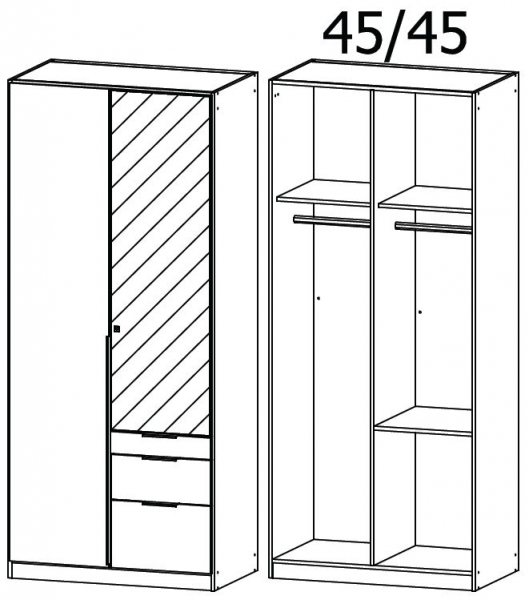 0043 - 2 Door 1 Mirror 3 Drawer Wardrobe
