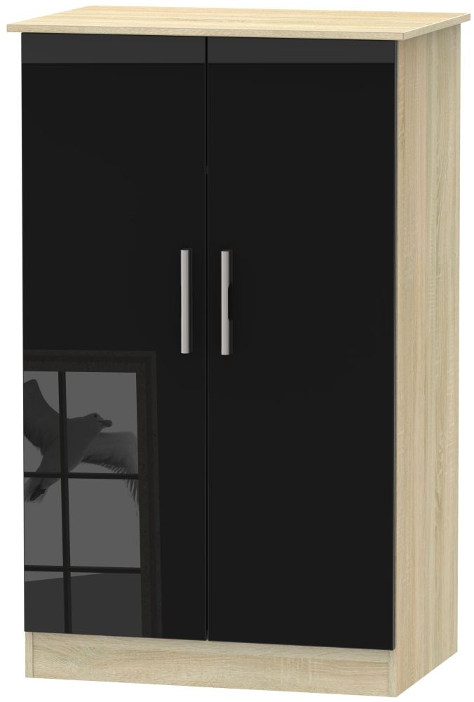 Contrast 2 Door Midi Wardrobe - High Gloss Black and Bardolino