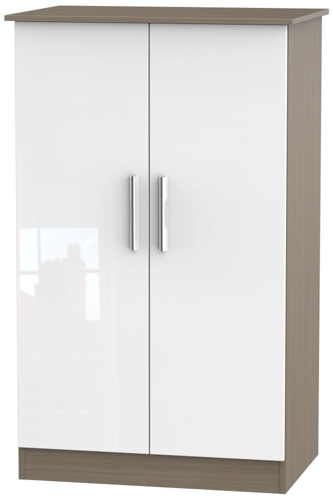 Contrast 2 Door Midi Wardrobe - High Gloss White and Toronto Walnut