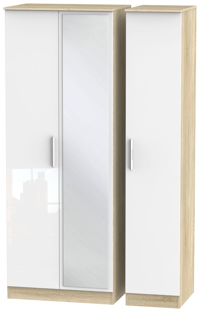 Contrast 3 Door Mirror Wardrobe - High Gloss White and Bardolino