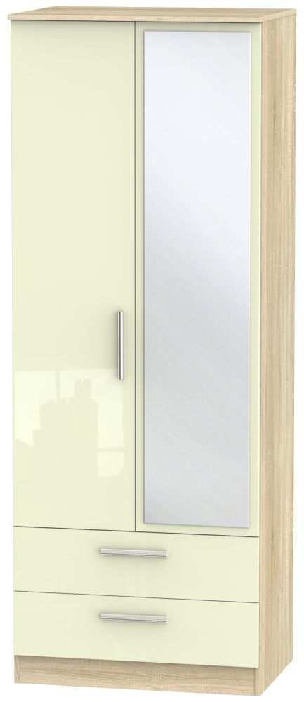 Contrast 2 Door Combi Wardrobe - High Gloss Cream and Bardolino