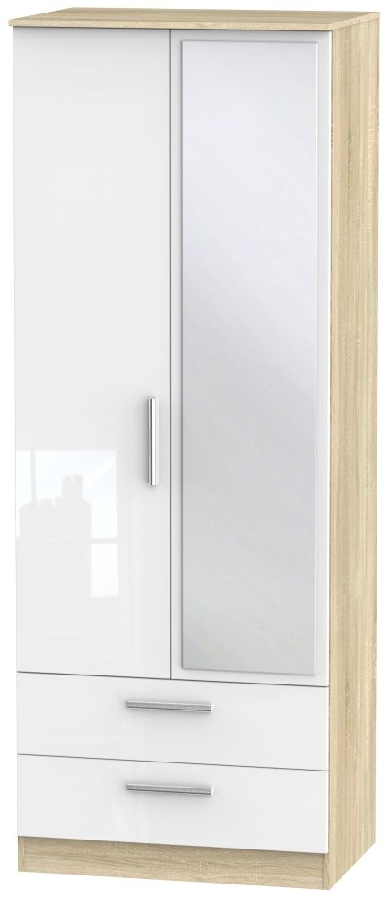 Contrast 2 Door Combi Wardrobe - High Gloss White and Bardolino