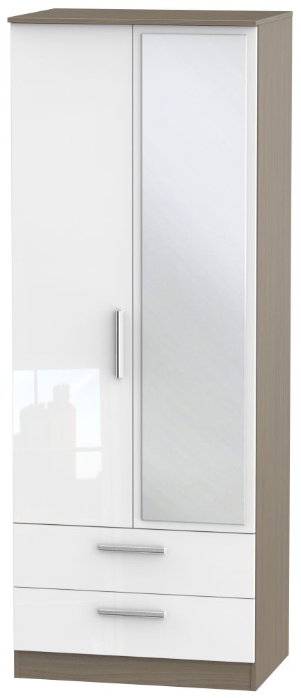 Contrast 2 Door Combi Wardrobe - High Gloss White and Toronto Walnut