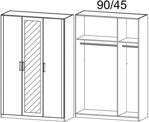 0856 : 3 Door Wardrobe with 2 Carcase Color Door and 1 Mirror Door with Cornice