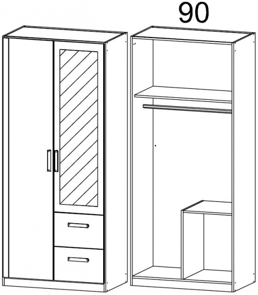 0K42 : 2 Door 2 Right Drawer Combi Wardrobe with 1 Carcase Color Door and 1 Mirror Door with Cornice