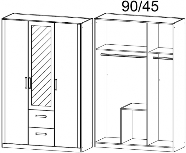 0K46 : 3 Door 2 Drawer Combi Wardrobe with 2 Carcase Color Door and 1 Mirror Door with Cornice