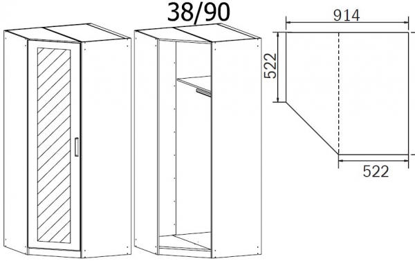 073E : 1 Mirror Door Corner Wardrobe with Cornice
