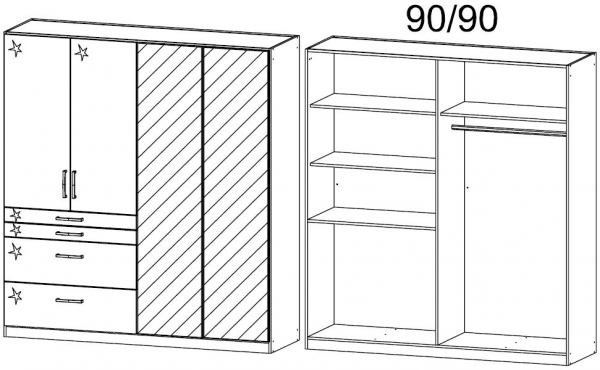 0V0E : 4 Door 4 Drawer Combi Wardrobe with 2 High Polish Door and Drawer and 2 Mirror Door