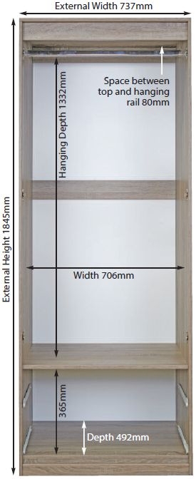 Warwick Wardrobe - 2 Door - 1 Mirror - Cream and Oak