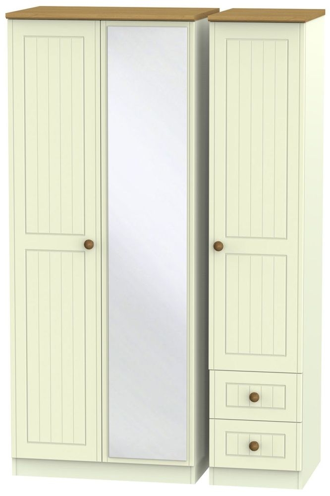Warwick Cream and Oak 3 Door Combi Wardrobe - 1 Mirror and RHF 2 Drawers