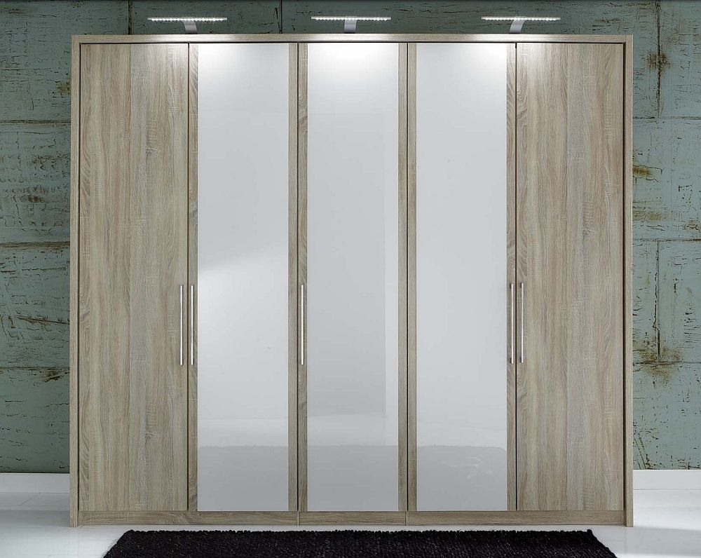 Berlin Oak and White Wardrobe - 5 Door Glass