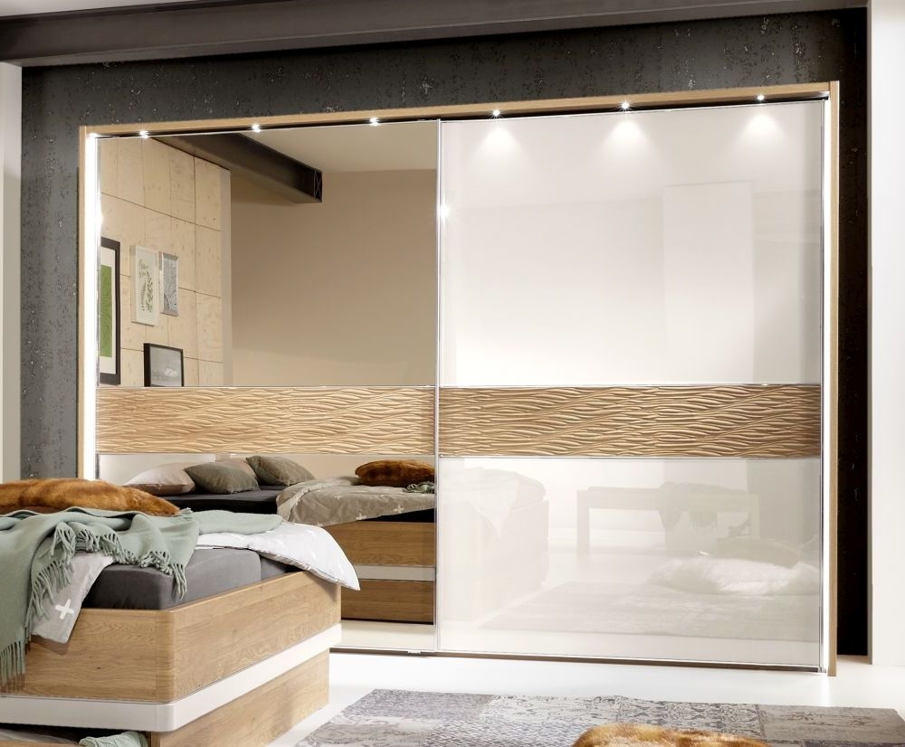 Wega Sliding Wardrobe - 2 Door Mirror - Oak and Champagne Glass - LH