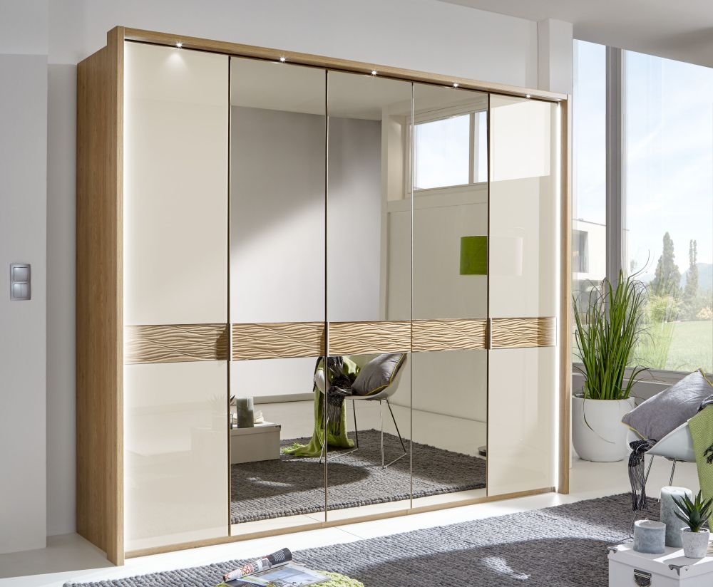 Wega Wardrobe - 5 Door Mirror - Oak and Champagne Glass