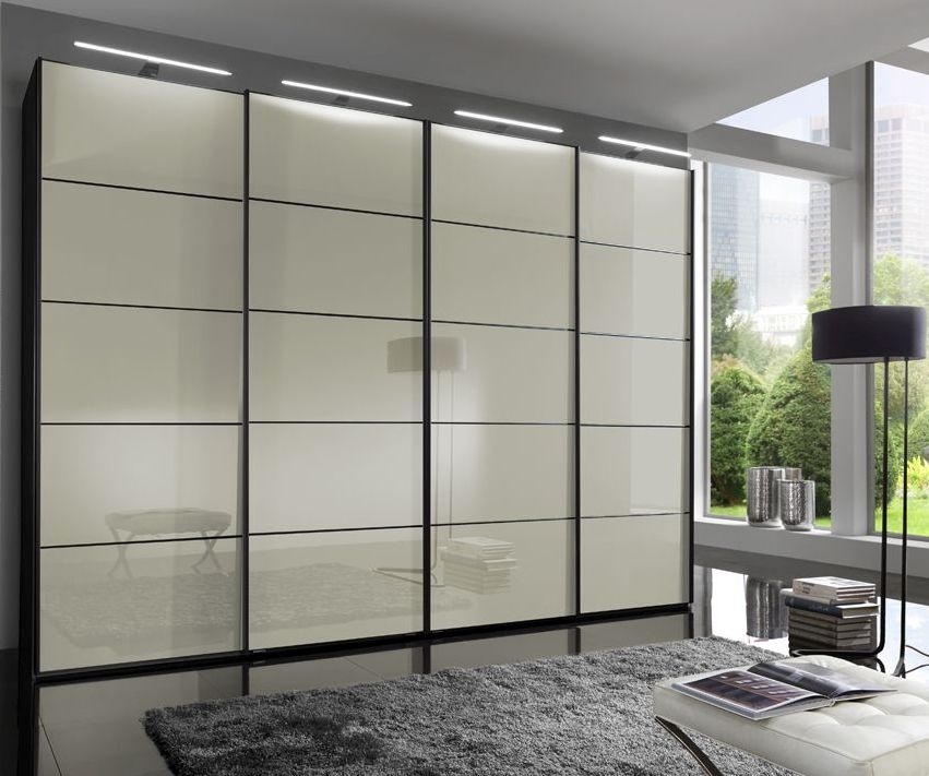Westside Sliding Wardrobe - 4 Door - Magnolia Glass - Black Carcase