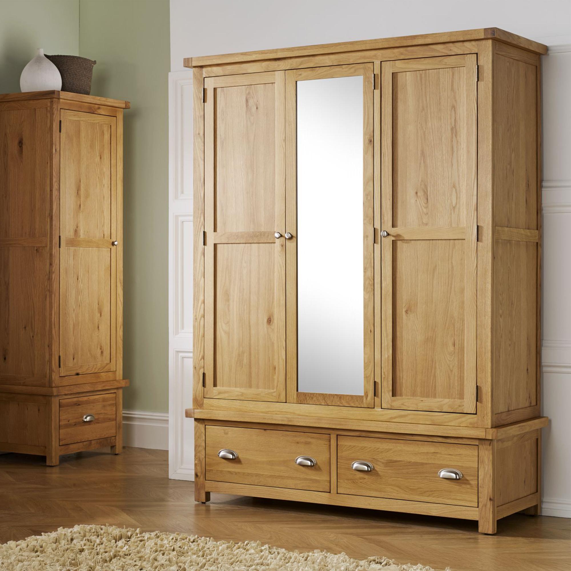 Woburn Mirror Wardrobe - 3 Door - 2 Drawer - Rustic Oak
