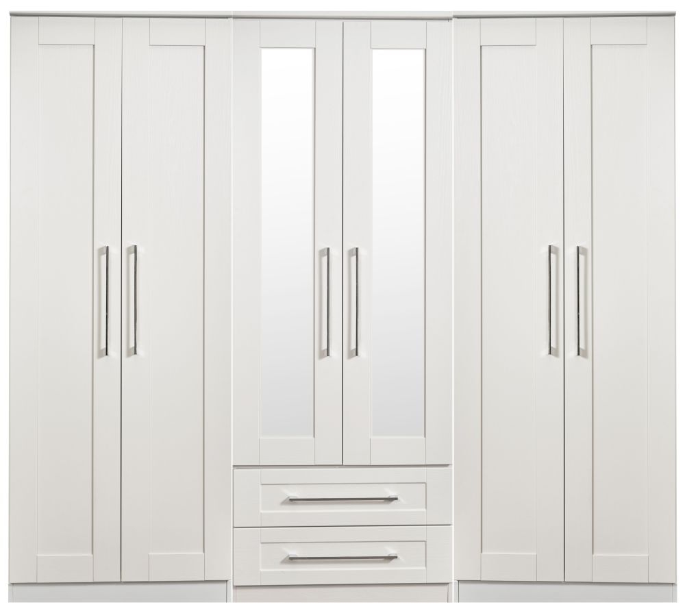 York White 6 Door Tall Mirror Combi Wardrobe
