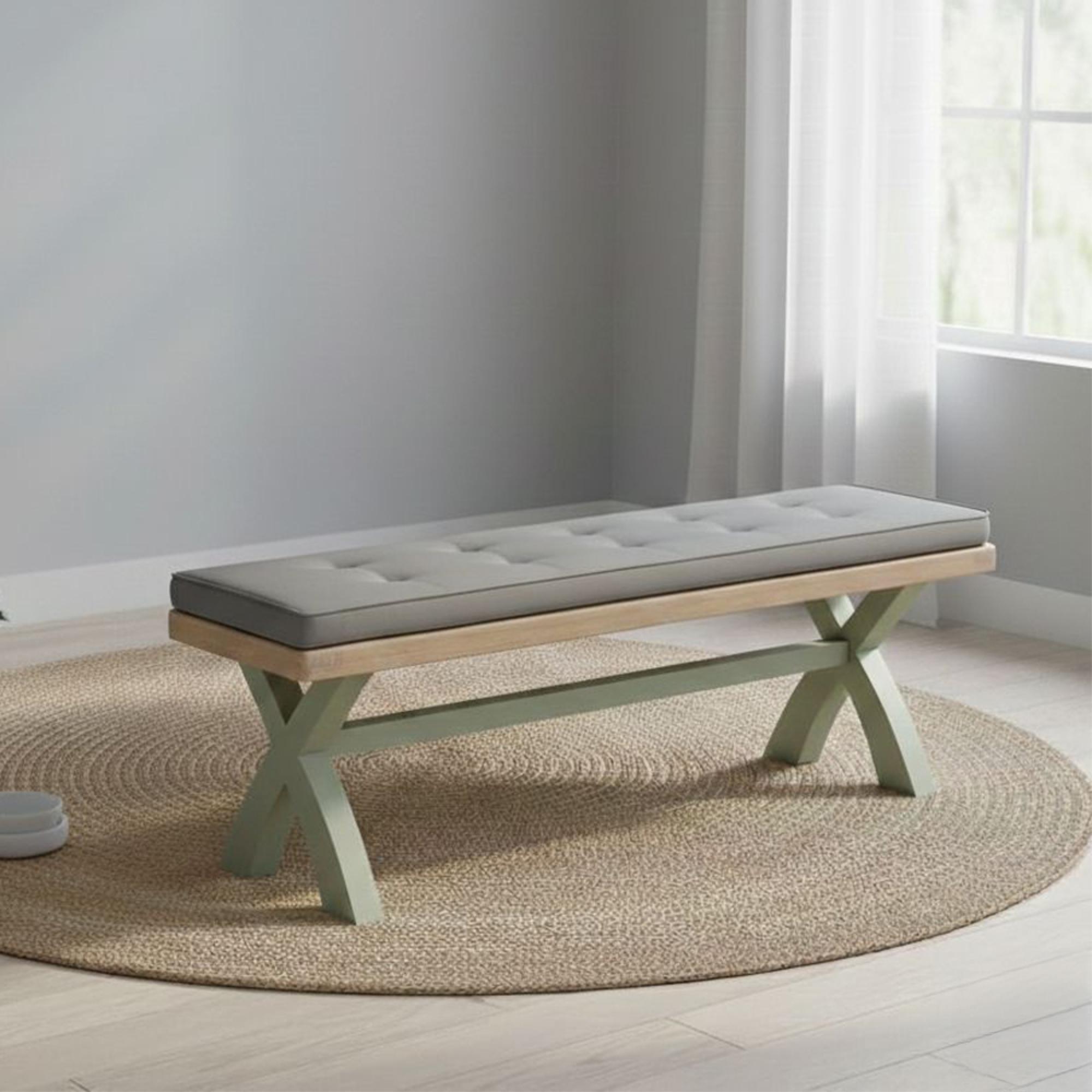 Salcombe Dining Bench with Cross Leg - Sage Oak - Grey Fabric
