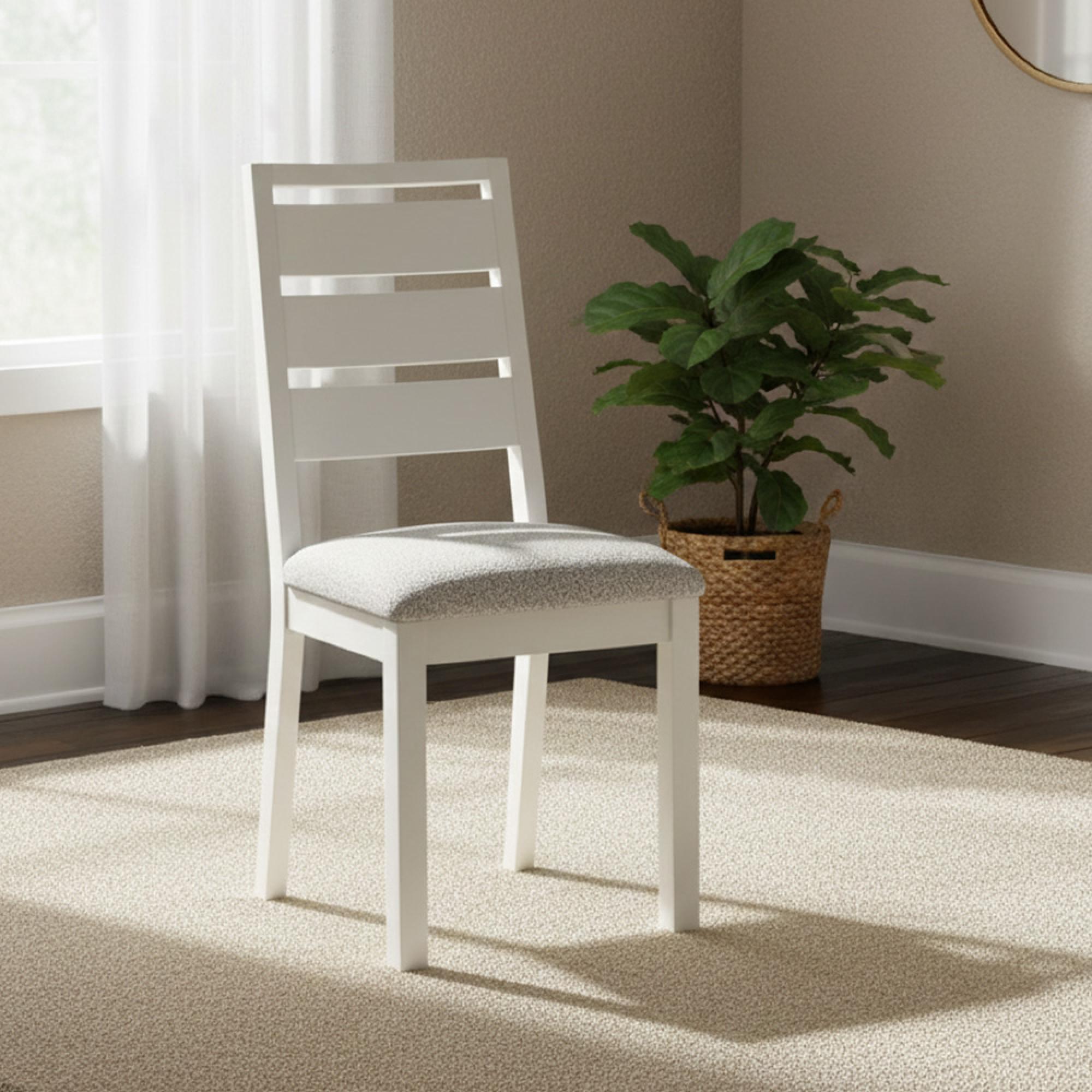 Modern Dining Chair - Set of 2 - White Boucle Fabric - White Painted