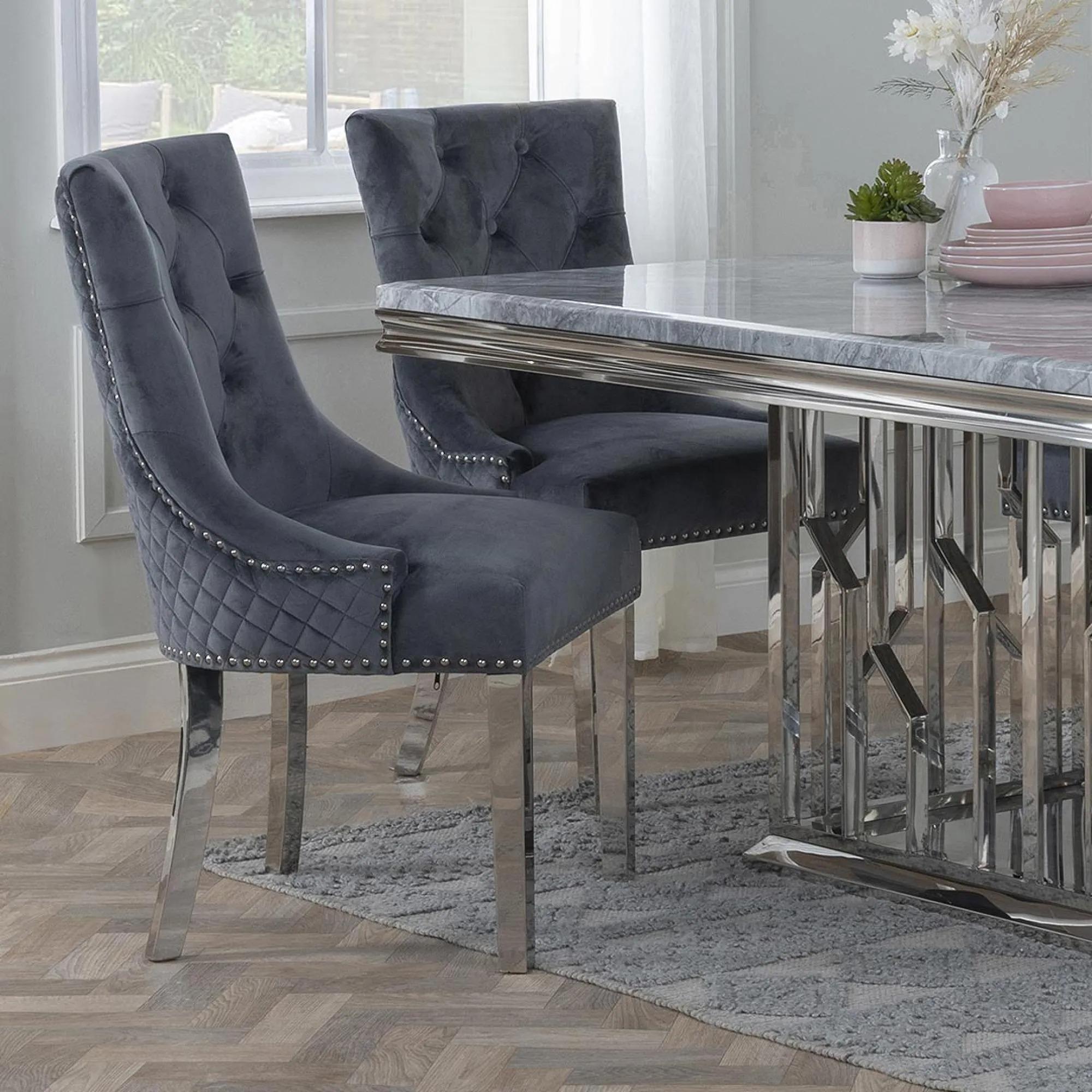 Lion Knocker Back Dining Chair - Grey Velvet Fabric - Chrome Legs