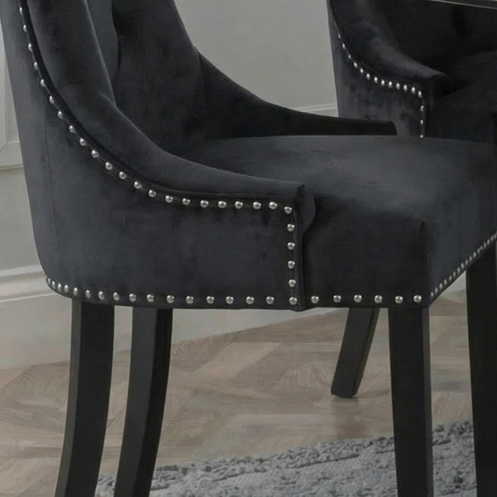 Knocker Back Dining Chair - Black Velvet Fabric - Black Wooden Legs