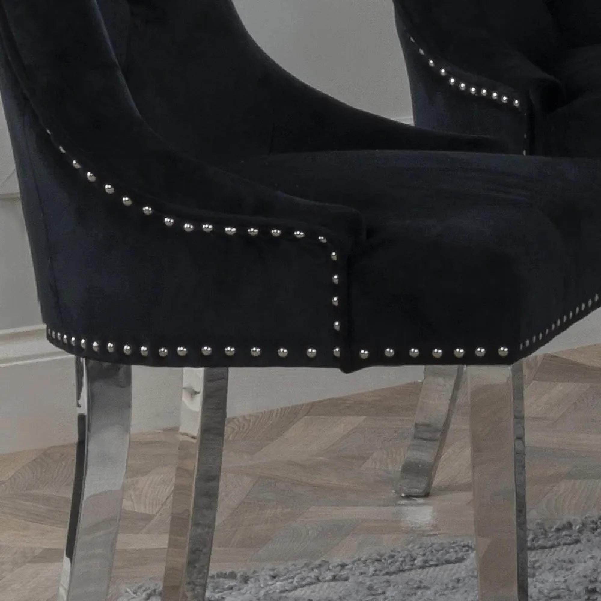 Knocker Back Dining Chair - Black Velvet Fabric - Chrome Legs